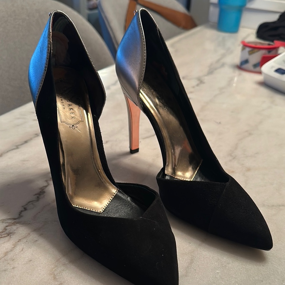 Ted Baker London Black and Silver Heels with Pointed Toe